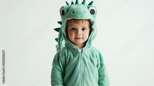 Little Boy Wearing a Fun Dragon Outfit with Horned Hood