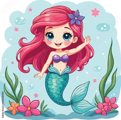 mermaid with flowers cartoon color for kids