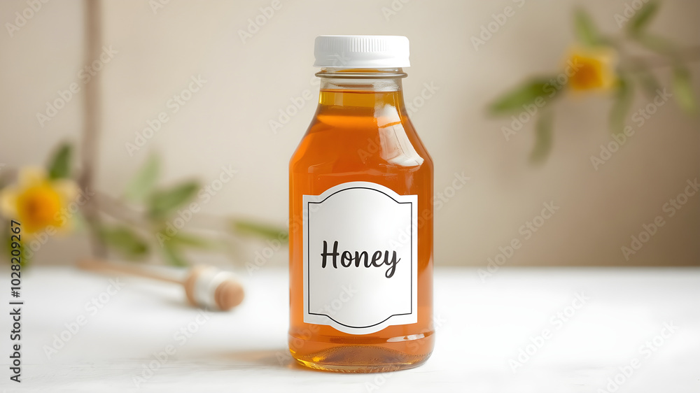 The presentation of the honey bottle makes the bottle stand out. The presentation of the honey bottle makes the bottle stand out.