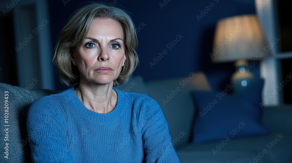 Woman Sitting on Couch Pensive Expression Evening Lighting Blue and Grey Tones Home In Woman Sitting on Couch Pensive Expression Evening Lighting Blue and Grey Tones Home In