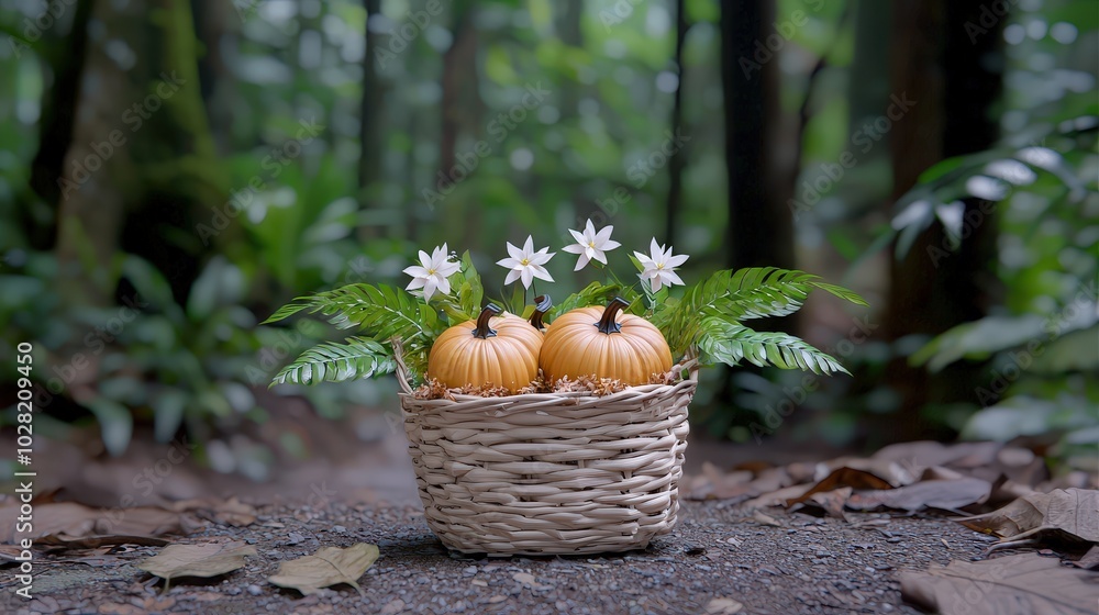 Autumnal Pumpkins in a Basket with White Flowers and Greenery in a Forest Setting Autumnal Pumpkins in a Basket with White Flowers and Greenery in a Forest Setting