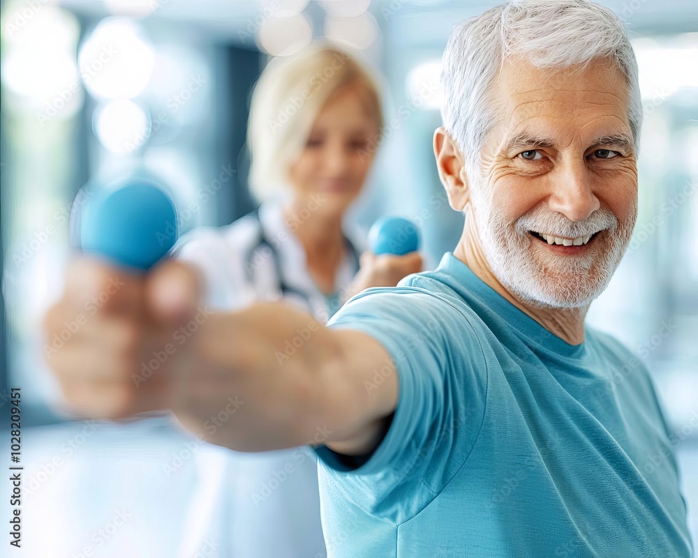 Senior man exercising with weights, smiling and motivated in a bright gym setting. Senior man exercising with weights, smiling and motivated in a bright gym setting.