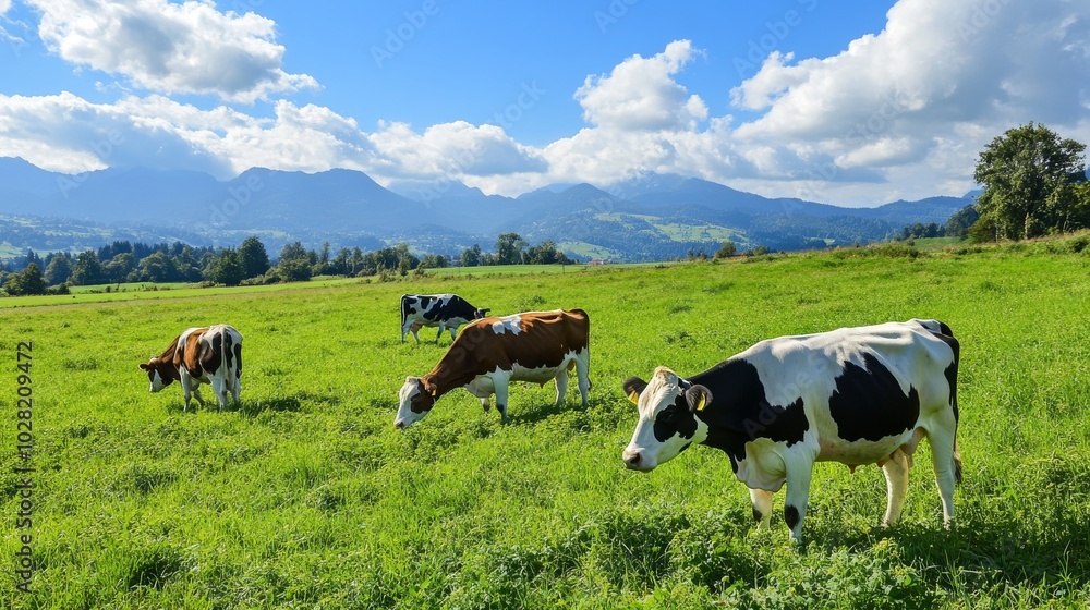 Four cows graze on a lush green pasture with a mountain range in the background. Four cows graze on a lush green pasture with a mountain range in the background.