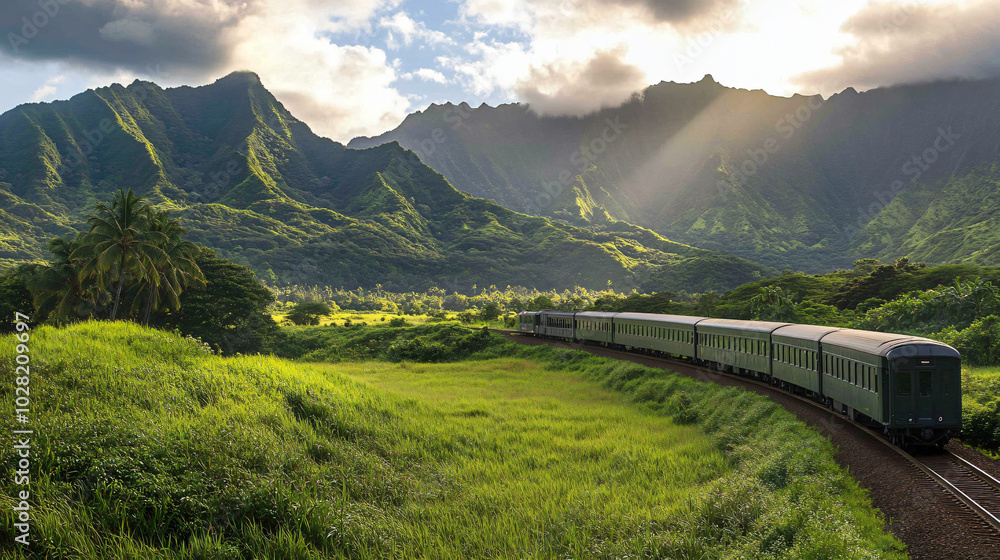 A train traveling through a lush green valley with mountains in the background. A train traveling through a lush green valley with mountains in the background.