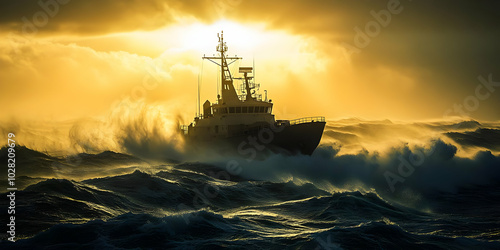 Ship in Rough Seas at Sunset.