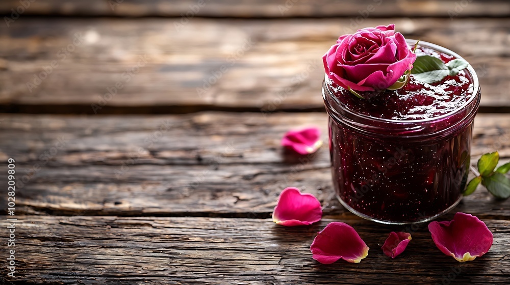 Rose petals jam confiture in a glass jar with rose flower petal on a wooden background : Generative AI Rose petals jam confiture in a glass jar with rose flower petal on a wooden background : Generative AI
