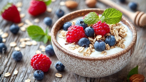 Honey glazed oatmeal nut and flax seeds granola in a ceramic bowl with honey yogurt and fresh berries on a wooden background : Generative AI