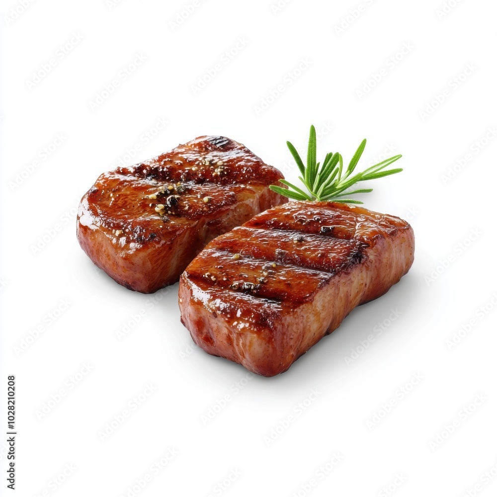 Grilled Pork on White Background with Fresh Herbs Grilled Pork on White Background with Fresh Herbs