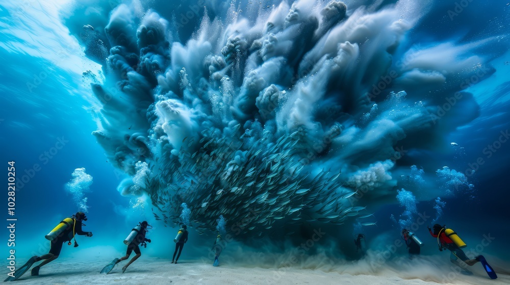 Obraz premium Divers Enjoying an Underwater Moment with Fish Schools