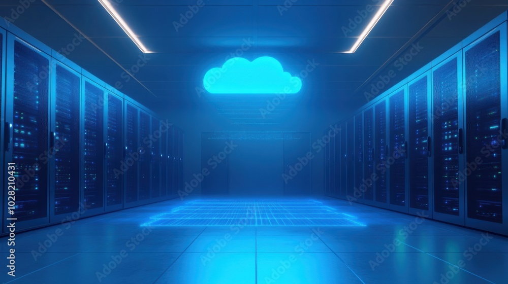 futuristic data center featuring glowing blue cloud technology, surrounded by rows of server racks. atmosphere conveys innovation and advanced technology futuristic data center featuring glowing blue cloud technology, surrounded by rows of server racks. atmosphere conveys innovation and advanced technology