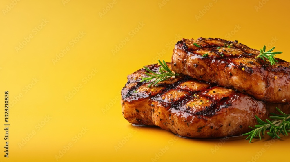 Grilled Pork Chops with Fresh Herbs on Clean Background Grilled Pork Chops with Fresh Herbs on Clean Background