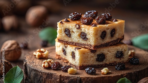 Millionaire shortbread bars with caramel white chocolate raisins and hazelnuts on a wooden background : Generative AI photo