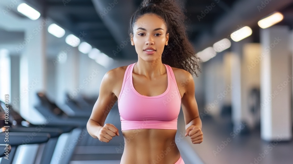 Confident Female Athlete Exercising and Running in Gym Confident Female Athlete Exercising and Running in Gym