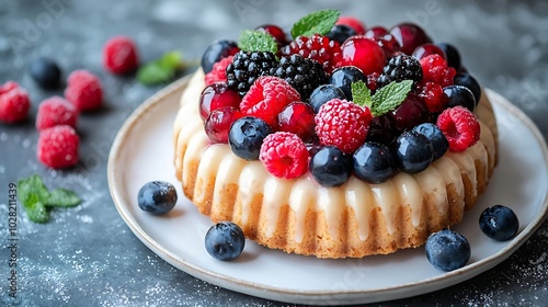 Christmas fruit cake pudding on white plate Close up Copy space : Generative AI photo