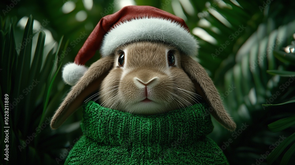 Fototapeta premium Cute Bunny in Santa Hat and Green Sweater for Christmas