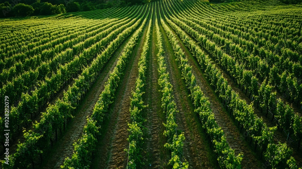 Lush Green Vineyard Rows in a Rolling Landscape Lush Green Vineyard Rows in a Rolling Landscape