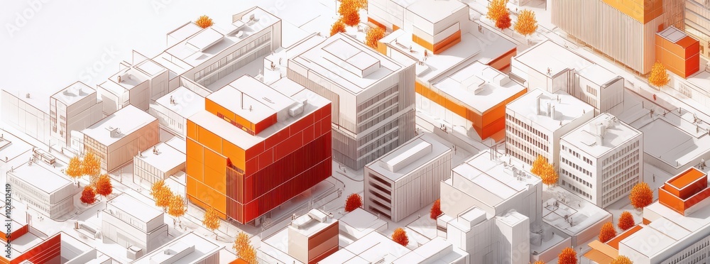 Obraz premium vibrant isometric blueprint of city center featuring modern architecture in shades of orange and white, surrounded by stylized trees. design conveys sense of urban planning and creativity