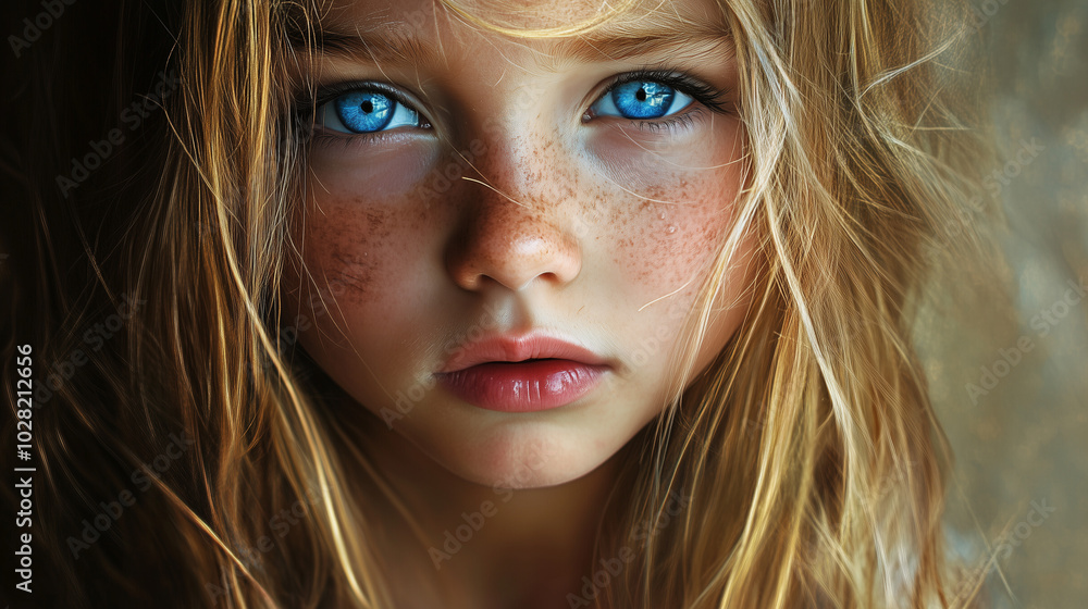 Portrait of a little girl with bright blue eyes, light hair, and freckles on her face Portrait of a little girl with bright blue eyes, light hair, and freckles on her face