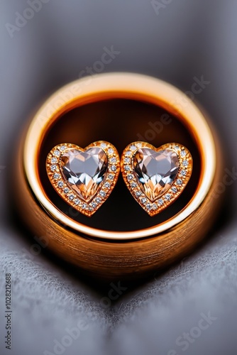 Elegant heart-shaped earrings with diamonds set in gold, displayed in a plush case.