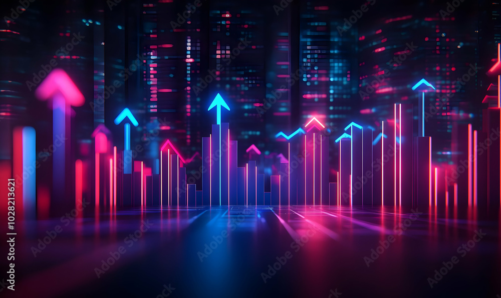 Neon Cityscape with Upward Trend Arrows. Neon Cityscape with Upward Trend Arrows.