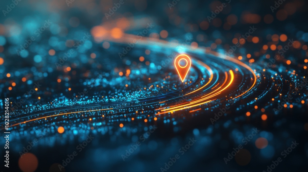 Digital map with glowing location pin icon, showcasing vibrant network of lights and pathways. abstract design evokes sense of navigation and exploration Digital map with glowing location pin icon, showcasing vibrant network of lights and pathways. abstract design evokes sense of navigation and exploration