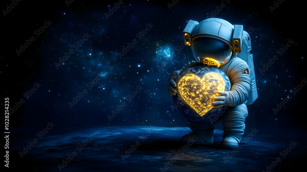 Astronaut Holding Earth with Heart Shaped Lights. Astronaut Holding Earth with Heart Shaped Lights.