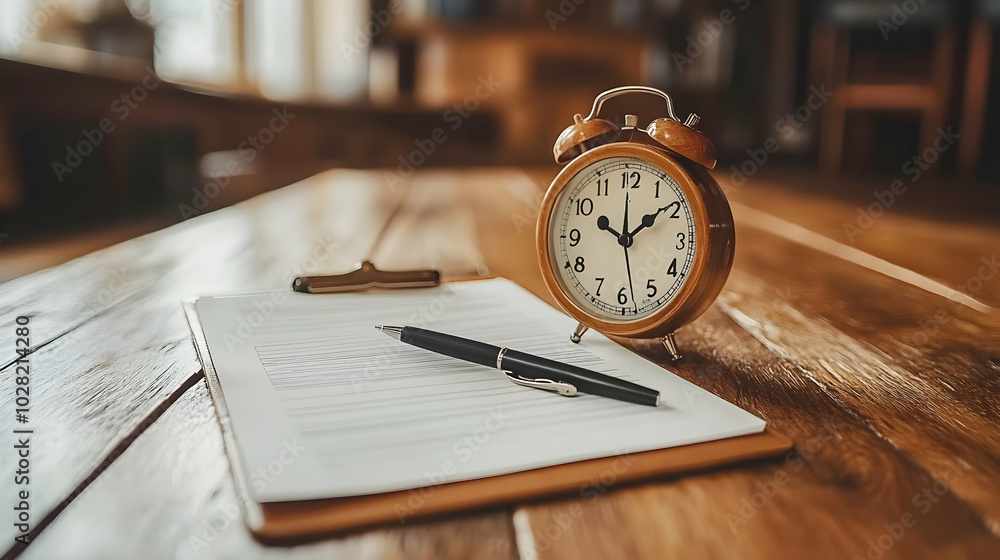 Time Management Concept with Alarm Clock, Clipboard, and Pen. Time Management Concept with Alarm Clock, Clipboard, and Pen.