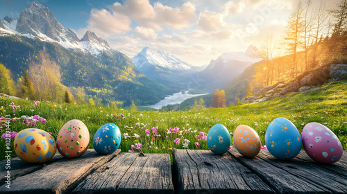 Easter Eggs in Mountain Landscape.