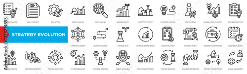 Strategy Evolution icon. Strategic Planning, Vision Statement, Goal Setting, Market Analysis and SWOT Analysis