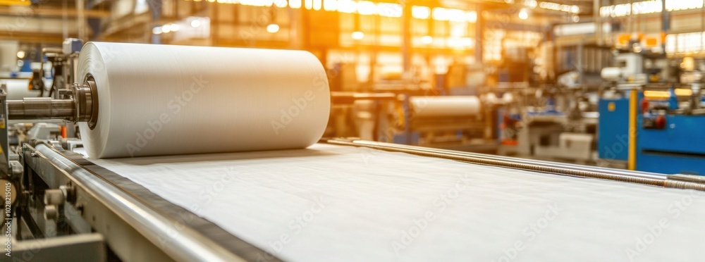 large white roll of paper is moving on production line in spacious factory, showcasing industrial process of manufacturing. warm lighting adds sense of productivity and efficiency to scene large white roll of paper is moving on production line in spacious factory, showcasing industrial process of manufacturing. warm lighting adds sense of productivity and efficiency to scene