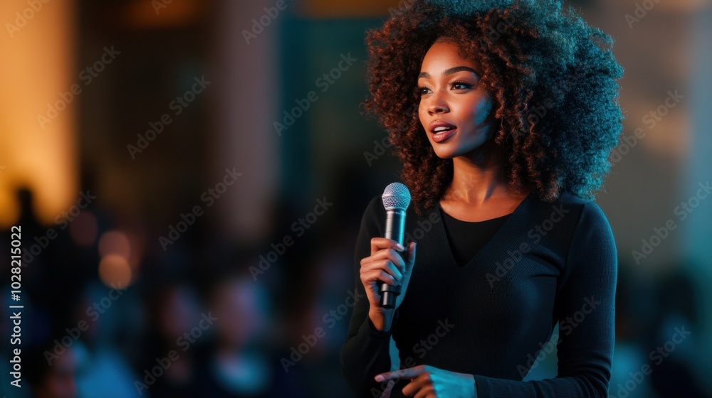 confident young woman speaks passionately into microphone, captivating her audience with her presence and eloquence. Her curly hair adds to her vibrant personality confident young woman speaks passionately into microphone, captivating her audience with her presence and eloquence. Her curly hair adds to her vibrant personality