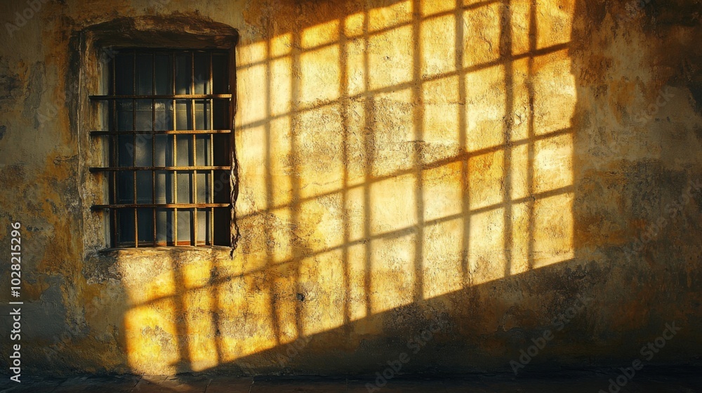 Obraz premium A Barred Window Casts a Shadow on a Weathered Wall
