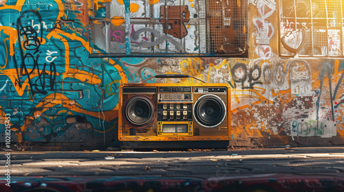 Vintage brightly colored retro 80's style tape recorder in front of a brightly painted graffiti wall.Vibe images evoke a sense of nostalgia, muse and urban culture. photo