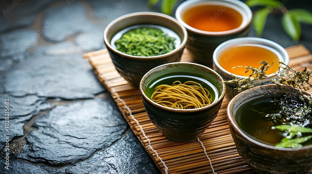 Soba noodles with sauce and green tea set Japanese food Copy space Black slate background : Generative AI Soba noodles with sauce and green tea set Japanese food Copy space Black slate background : Generative AI