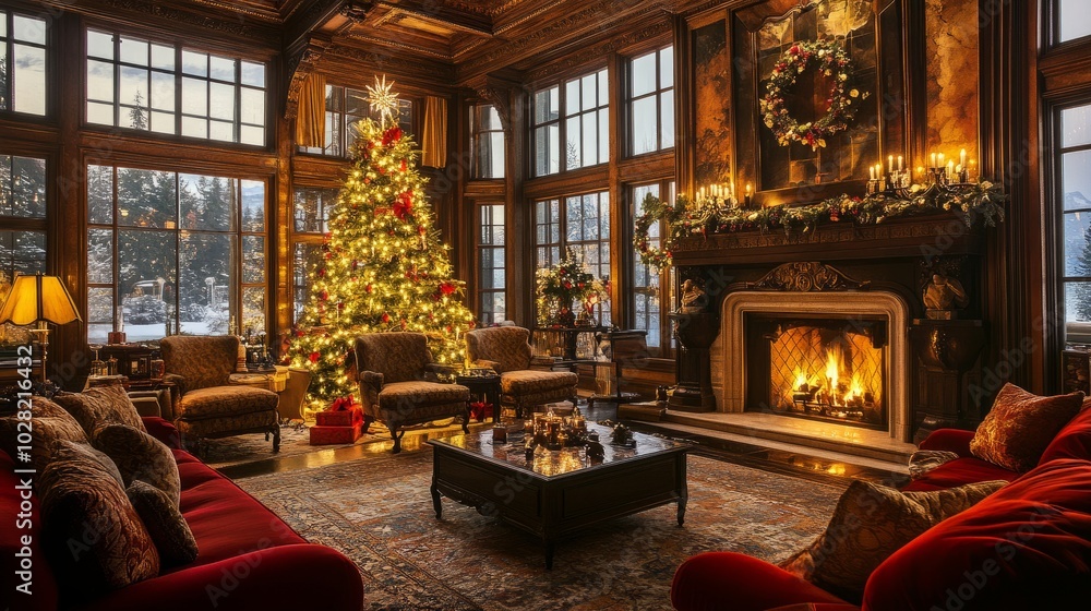 A luxurious living space with a beautifully lit Christmas tree, a warm fireplace, and elegant sofas by large windows. A luxurious living space with a beautifully lit Christmas tree, a warm fireplace, and elegant sofas by large windows.