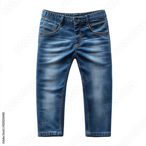 Stylish Raw Denim Jeans on White Background