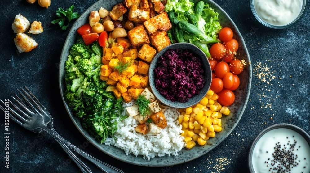 A vibrant and colorful bowl of mixed grains, vegetables, and proteins for a healthy meal. A vibrant and colorful bowl of mixed grains, vegetables, and proteins for a healthy meal.