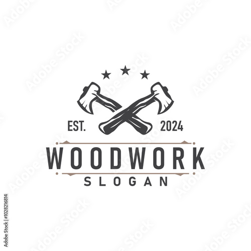 carpenter wood logo design silhouette vintage woodwork tools axe and wood simple illustration template