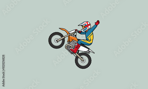 Motocross rider performing a wheelie on a dirt bike.