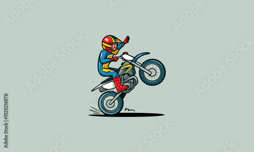 Motocross rider performing a wheelie on a dirt bike.
