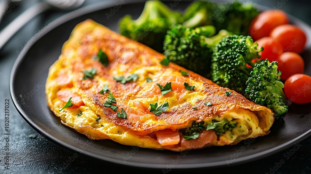 Omelet with smoked salmon and broccoli on a plate Close up : Generative AI Omelet with smoked salmon and broccoli on a plate Close up : Generative AI