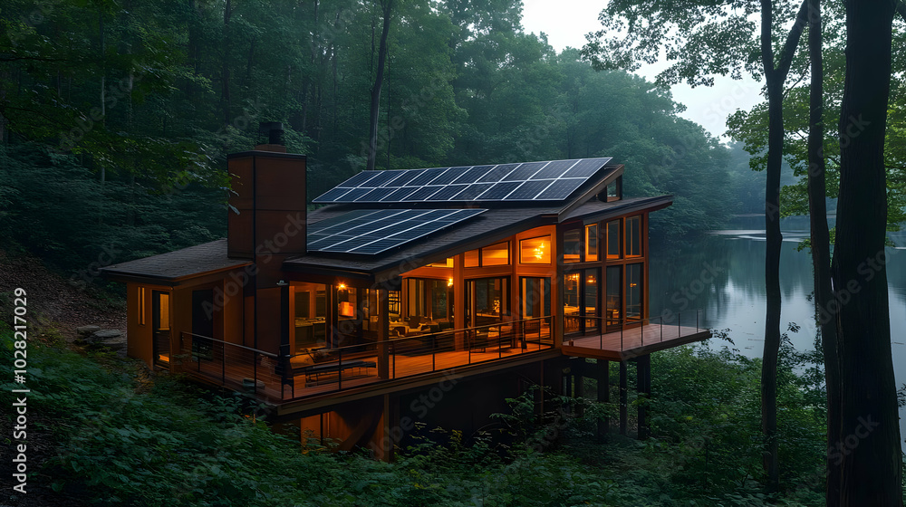 Modern Cabin with Solar Panels on Lake. Modern Cabin with Solar Panels on Lake.