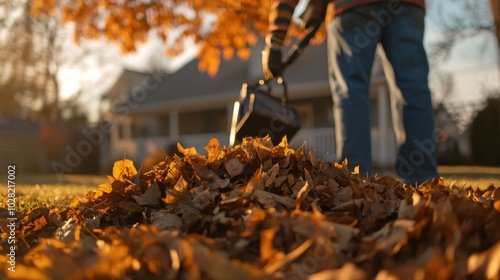 Wallpaper Mural Raking leaves in sunny autumn setting, man gathers fallen foliage into pile, showcasing vibrant colors of season Torontodigital.ca