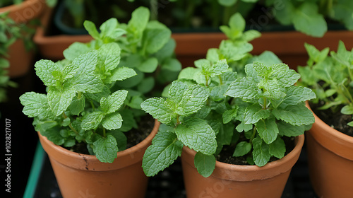 Close-up shot of aromatic herb plants like mint and parsley growing in small terracotta pots, showcasing their detailed leaf textures and natural freshness  photo