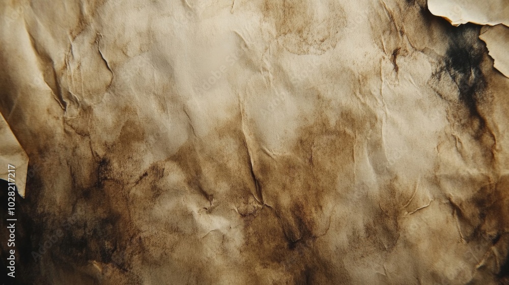 A Close-Up View of a Wrinkled, Burned, and Stained Sheet of Paper A Close-Up View of a Wrinkled, Burned, and Stained Sheet of Paper