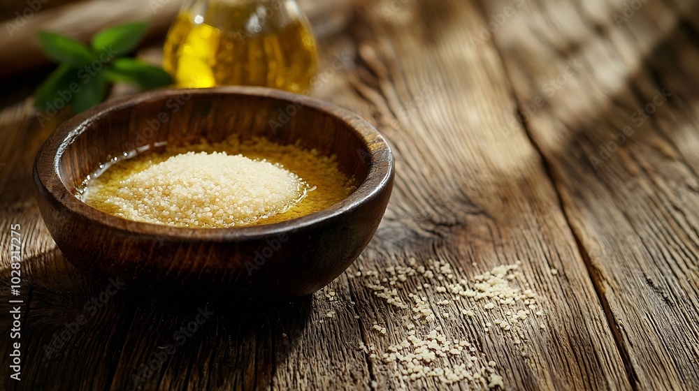 Couscous in bowl with olive oil Wooden background Close up : Generative AI Couscous in bowl with olive oil Wooden background Close up : Generative AI