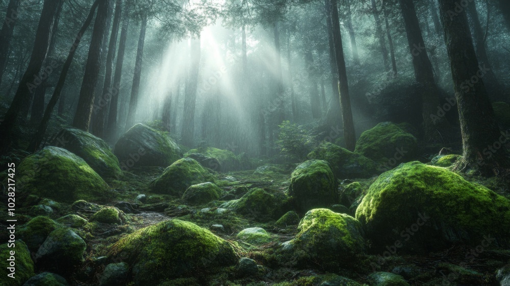 Fototapeta premium Sunbeams Through a Mossy Forest