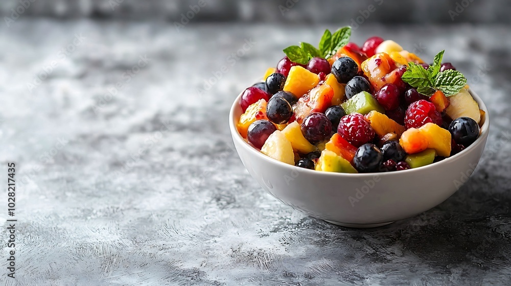 Bowl of fresh exotic fruit salad on white summer background Healthy breakfast Copy space : Generative AI Bowl of fresh exotic fruit salad on white summer background Healthy breakfast Copy space : Generative AI