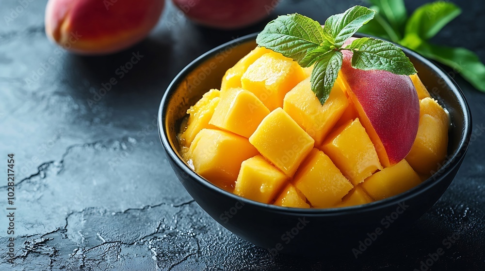 Mango peach ice cream tropical fruit sorbet in black bowl on stone background Close up : Generative AI Mango peach ice cream tropical fruit sorbet in black bowl on stone background Close up : Generative AI