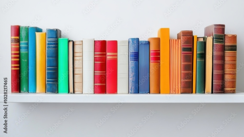 Naklejka premium Modern colorful books on white shelves create vibrant and inviting atmosphere, perfect for any reading nook or study space. arrangement showcases variety of book colors and styles, enhancing